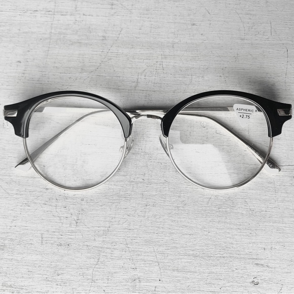 Gigantic +3.00 Reading glasses Round Browline Metal WIDE BIG FIT Black Silver - Picture 8 of 10